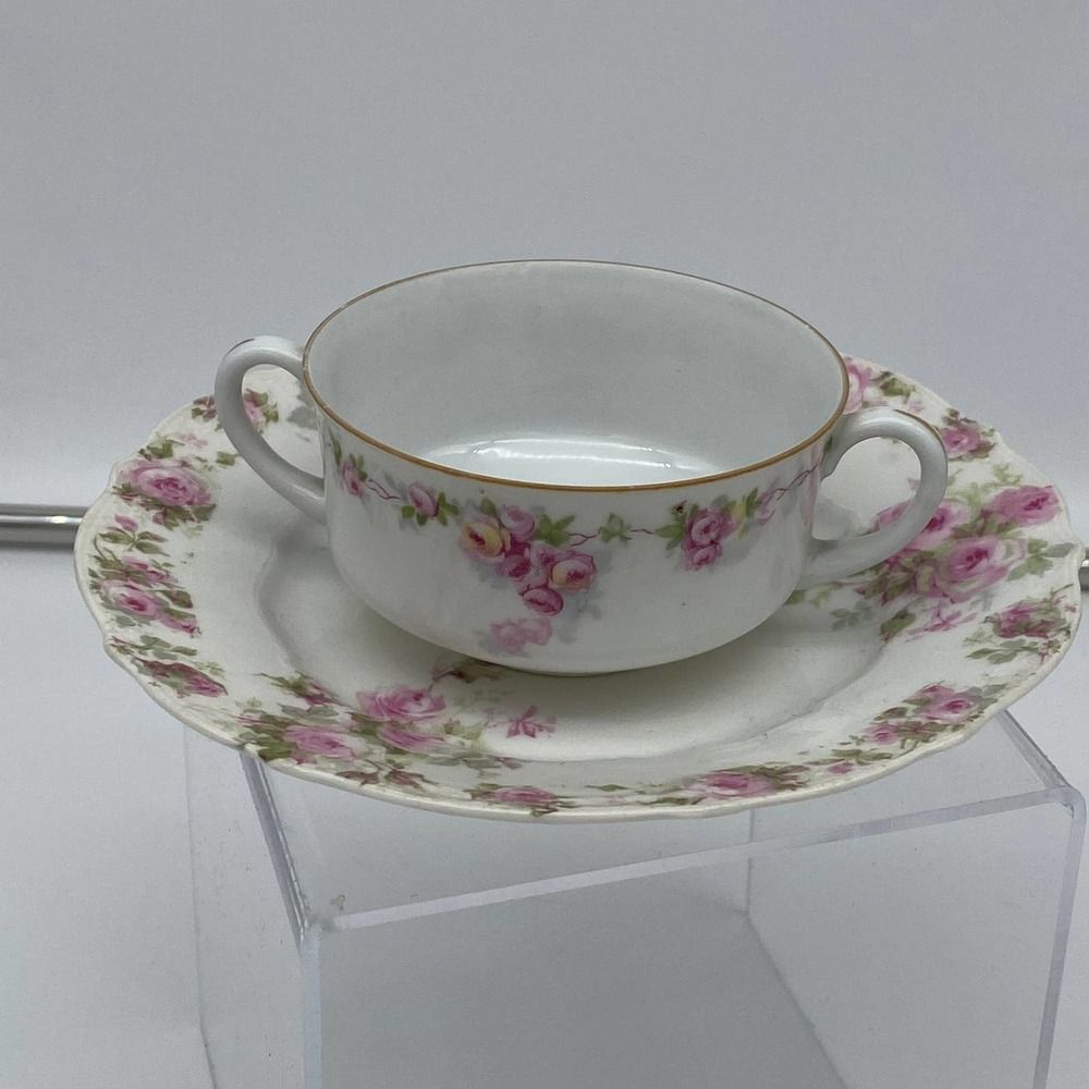 Pink Rose two handle cream soup cup. By Savaria